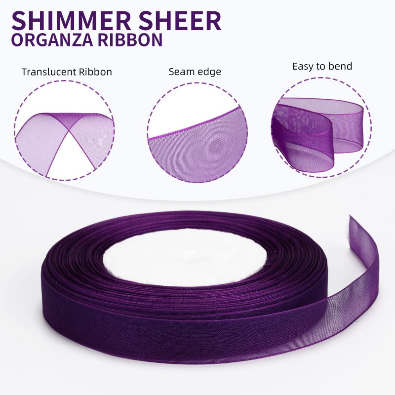 molshine 50 Yards x 5/8 Inch Shimmer Sheer Organza Ribbon,Chiffon Fabric Ribbons for Bouquets Garland,Bowknot,Wedding,Gift Wrapping,Hair,Crafts,Decoration (Purple, 5/8") - Image 3